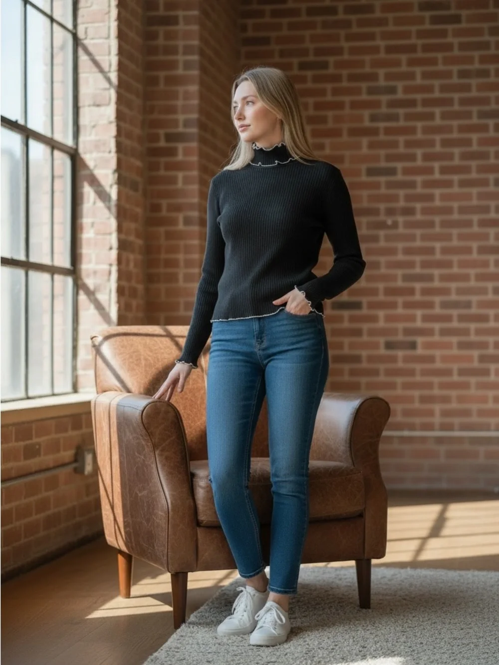 J. Crew Black Ribbed Mock Neck Sweater with Contrast Ruffle Trim